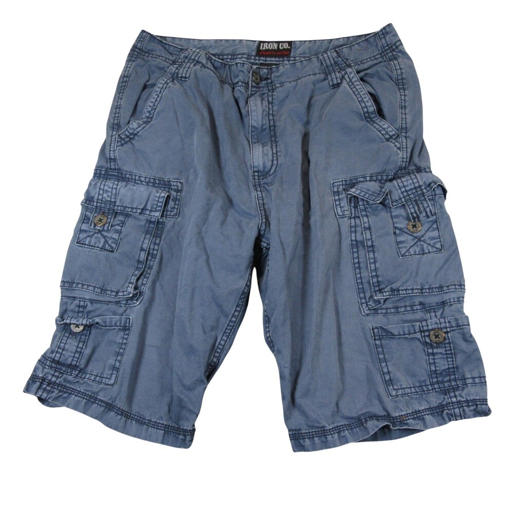 Iron Co Mens Cargo Shorts 32 x 12 Blue 100% Cotton Pocket Pockets